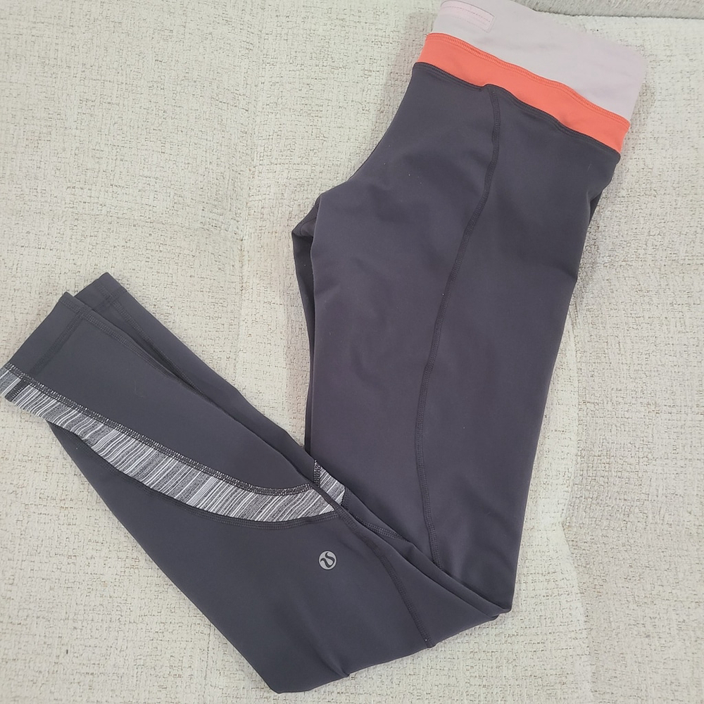 Lululemon Run Inspire Ankle Leggings Womens 10 Gray Black Low Rise Zip Pocket